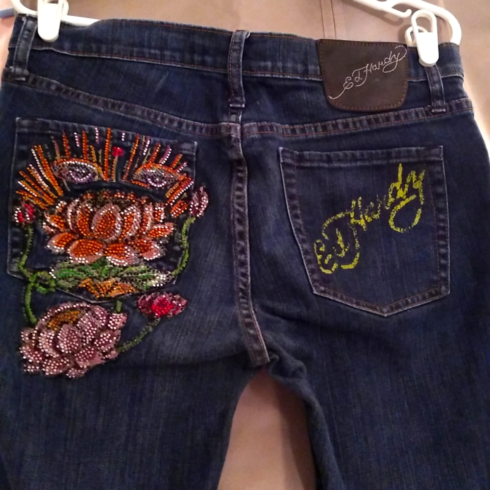 Ed Hardy blue jeans bootcut blue jeans sequin motif on front and back